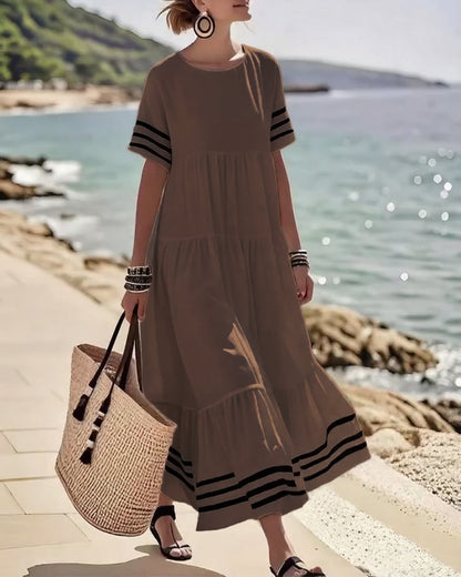 Summer Crew Neck Black Striped Loose A Line Sundress for Women with Short Sleeves Flowy Beach Patchwork Maxi Dresses - Seldom Seen Styles
