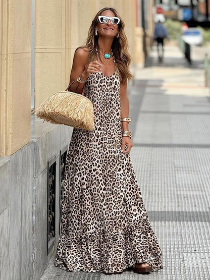 Women's Leopard Print Ruffle Sleeveless Halter Maxi Dress Vacation Dresses - Seldom Seen Styles