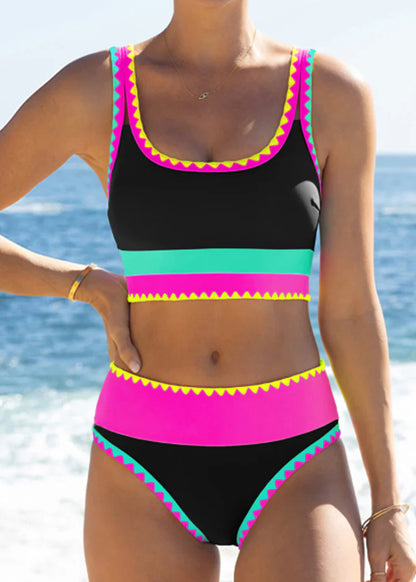 Color Contrast Patchwork Nylon Sporty 3 Piece Bikini Sets