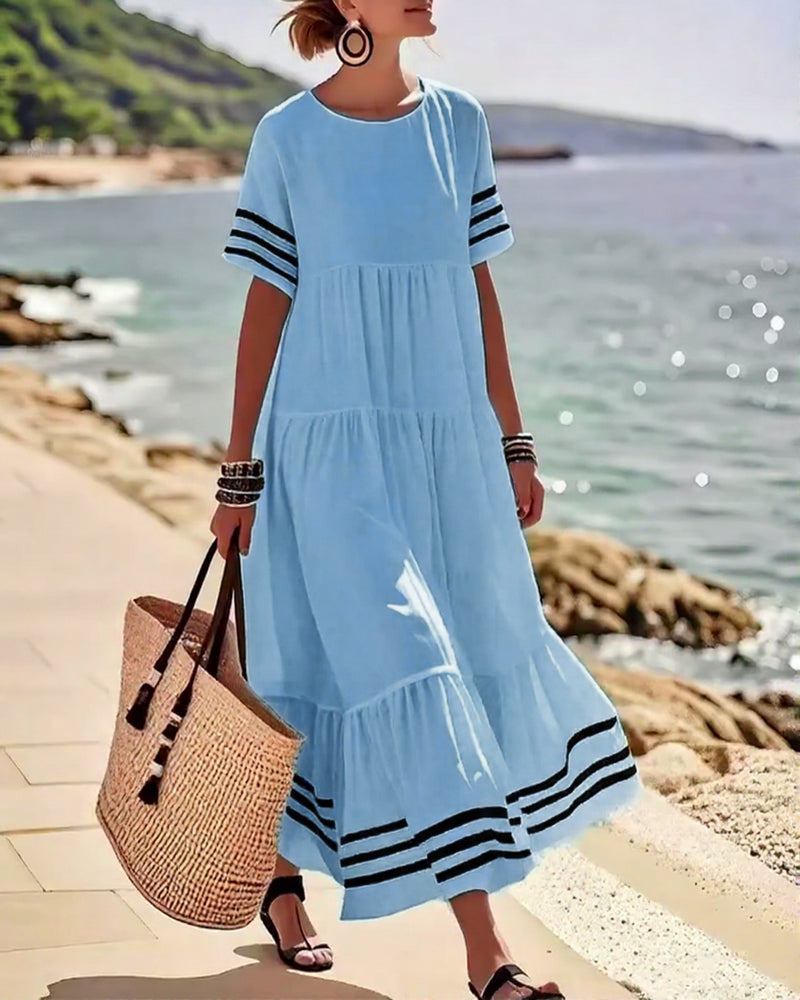 Summer Crew Neck Black Striped Loose A Line Sundress for Women with Short Sleeves Flowy Beach Patchwork Maxi Dresses - Seldom Seen Styles