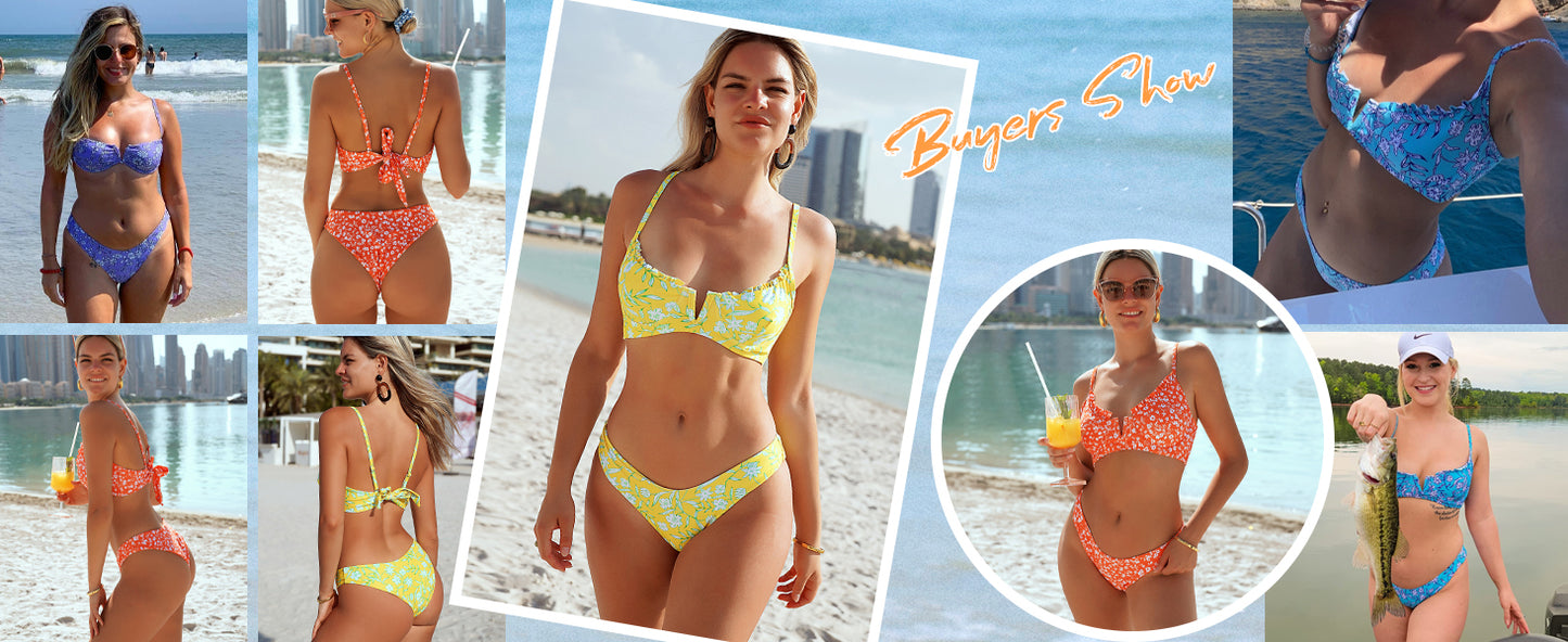 Women's Underwire Bikini Floral High Cut Bikini Set V-Wired Two Piece Swimsuit Bathing Suit