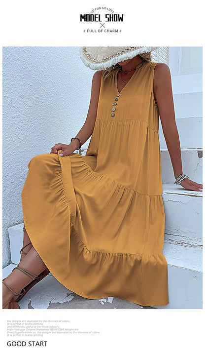 Summer Flowy Maxi Dress with Pockets Sleeveless Loose Casual Sundress V-Neck Tiered Sun Dress for Beach Cruise Vacations