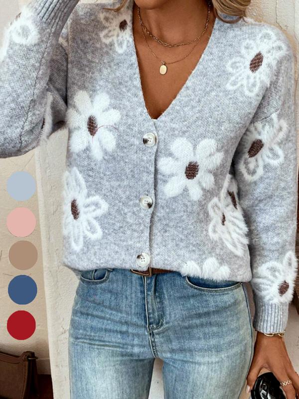Plus Size Floral Print Button Front Cardigan, Casual Drop Shoulder  V Neck Knitwear for Fall & Winter, Women's Plus Clothing for Daily Wear - Seldom Seen Styles