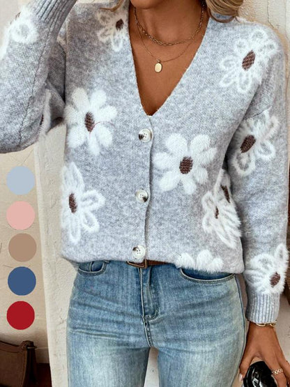 Plus Size Floral Print Button Front Cardigan, Casual Drop Shoulder  V Neck Knitwear for Fall & Winter, Women's Plus Clothing for Daily Wear - Seldom Seen Styles