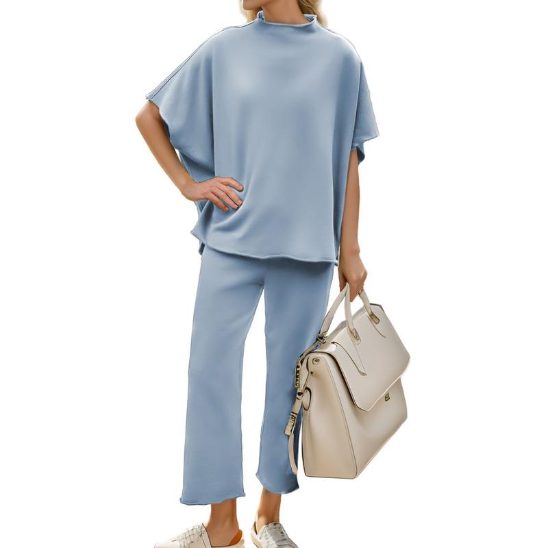 Songling Women Casual Two Piece Outfits 3/4 Batwing Sleeve Capelet CrewNeck Pullover Top Wide Leg Pants Lounge Sets Sweatsuit - Seldom Seen Styles