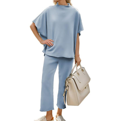 Songling Women Casual Two Piece Outfits 3/4 Batwing Sleeve Capelet CrewNeck Pullover Top Wide Leg Pants Lounge Sets Sweatsuit - Seldom Seen Styles