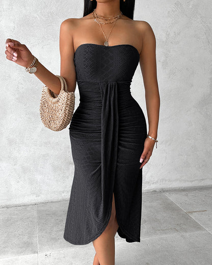 Sleeveless Ruched Cinched Waist Draped Bandeau Dress Eyelet Embroidery Slit Asymmetrical Hem Vacation Dress