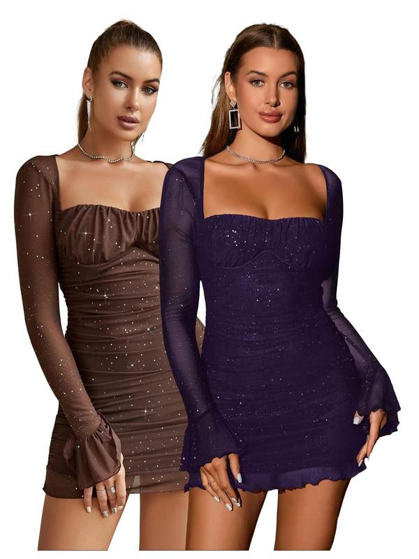 Women's Glitter Contrast Mesh Long Sleeve Ruched Mini Bodycon Dress, Lady Comfort Casual Elegant Square Neck Lettuce Trim Tight Dresses for Party Dinner Holiday, Party Dress, Birthday Dress for Women Casual - Seldom Seen Styles