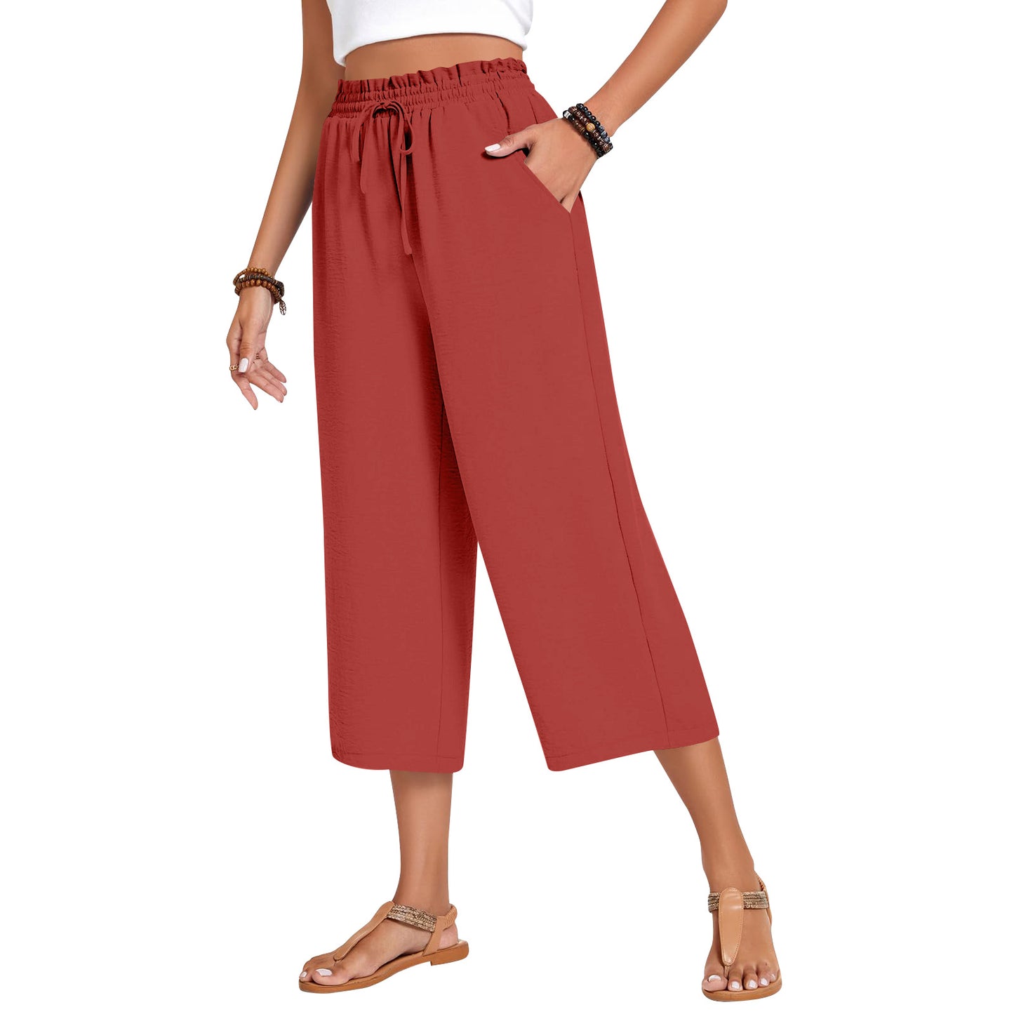 Women's Capri Pants Drawstring Casual Palazzo Trousers with Pockets Loose High Waisted Wide Leg Lounge Pants - Seldom Seen Styles