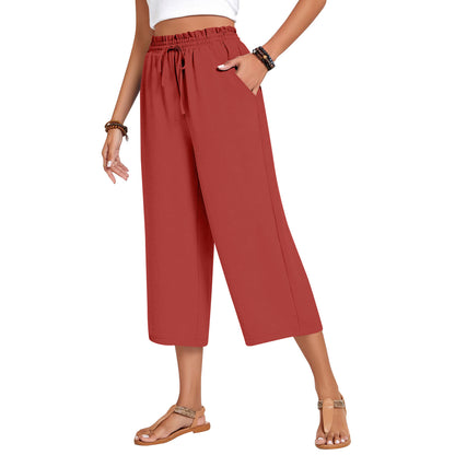 Women's Capri Pants Drawstring Casual Palazzo Trousers with Pockets Loose High Waisted Wide Leg Lounge Pants - Seldom Seen Styles