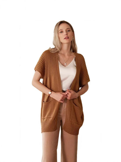 2025 Women’s Going Tops Trend – Oversized Lightweight Open-Front Pleated Short-Sleeve Knitwear Knit Cardigan Sweater, Casual Summer Outerwear & Womenswear Layering Piece in Multiple Colors - Seldom Seen Styles