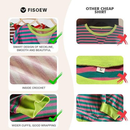 【Up To 3XL】Fisace Christmas Womenswear Striped Oversized Sweatshirt Color Block Crew Neck Long Sleeve Shirt Casual Loose Pullover Top Y2K Clothes back to school - Seldom Seen Styles