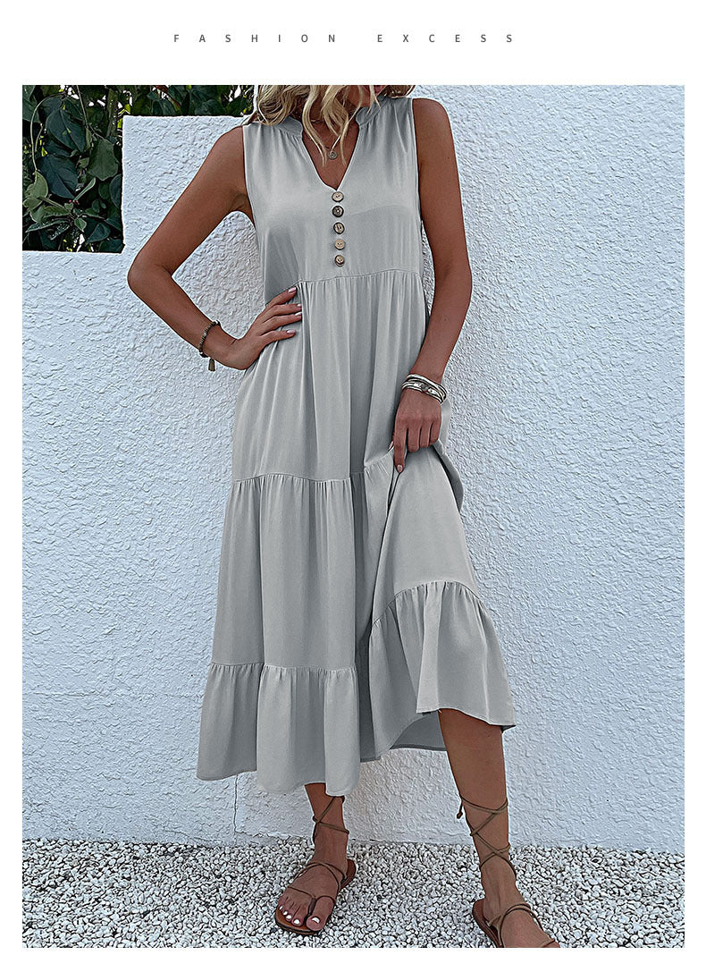 Summer Flowy Maxi Dress with Pockets Sleeveless Loose Casual Sundress V-Neck Tiered Sun Dress for Beach Cruise Vacations