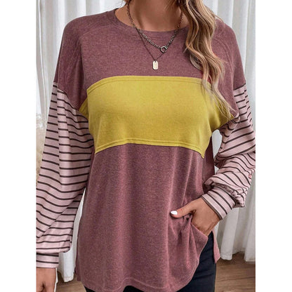 Long Sleeve Fall Tops Oversized 2025 Trendy Round Crew Neck Casual Color Block Womens Shirts Blouses - Seldom Seen Styles