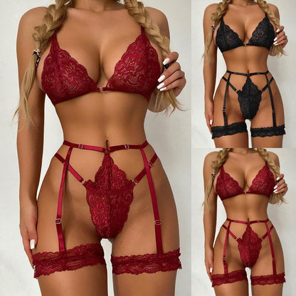 Lace Garter Lingerie Set with Removable Choker Teddy Babydoll Strappy Bra and Panty Set - Seldom Seen Styles