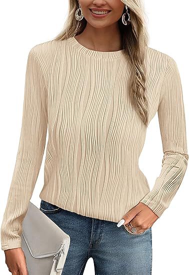 Women's Summer Fall Scalloped Lace Cuff Crewneck Tops Textured Shirts - Seldom Seen Styles