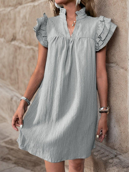 Women's Cap Sleeve Ruffle Trim Mini Dress Ruched Notched Neck Casual Basic Straight Dresses