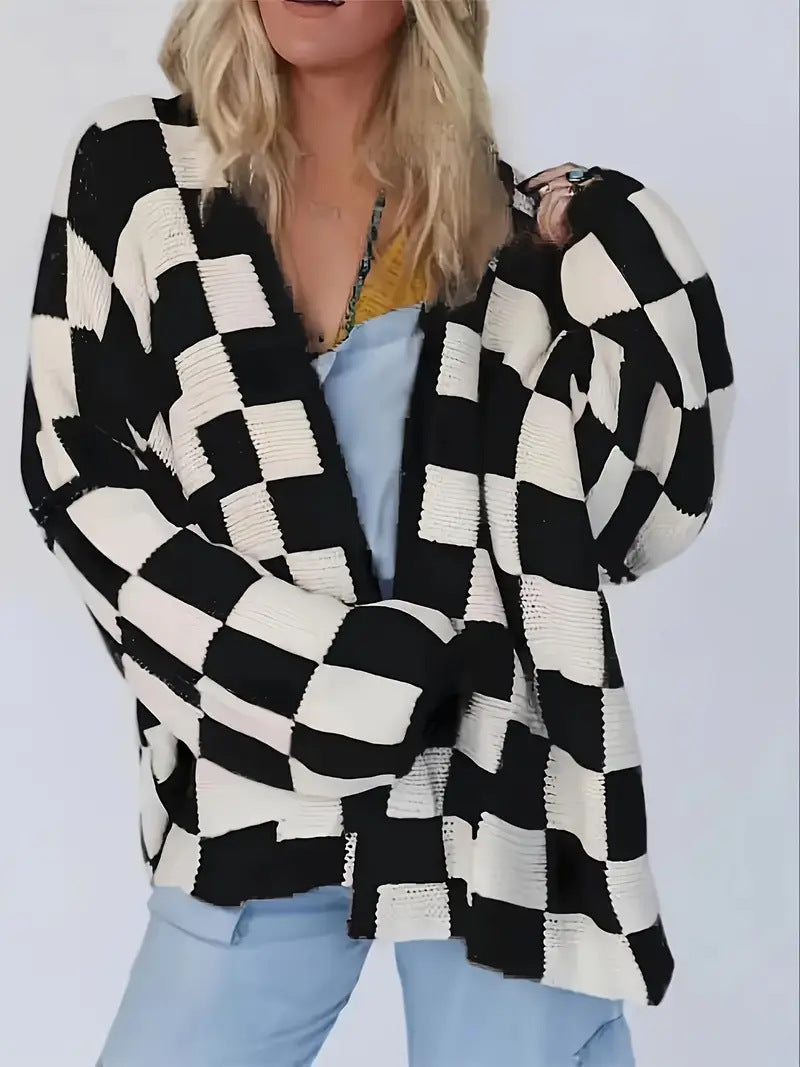 Plus Size Plaid Print Drop Shoulder Cardigan, Casual Long Sleeve Open Front Knitwear for Fall & Winter, Women's Plus Clothing for Daily Wear, Style - Seldom Seen Styles