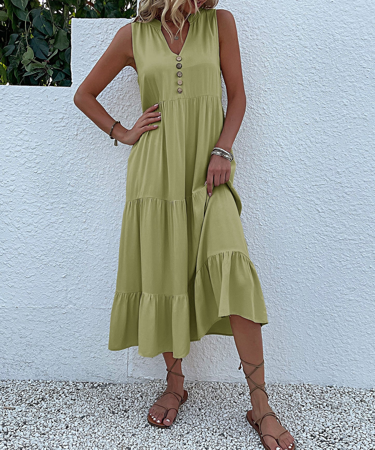 Summer Flowy Maxi Dress with Pockets Sleeveless Loose Casual Sundress V-Neck Tiered Sun Dress for Beach Cruise Vacations