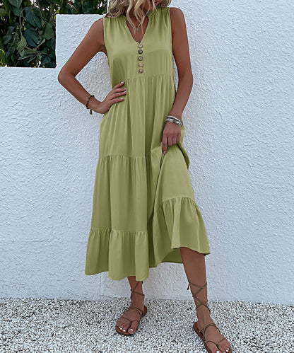 Summer Flowy Maxi Dress with Pockets Sleeveless Loose Casual Sundress V-Neck Tiered Sun Dress for Beach Cruise Vacations