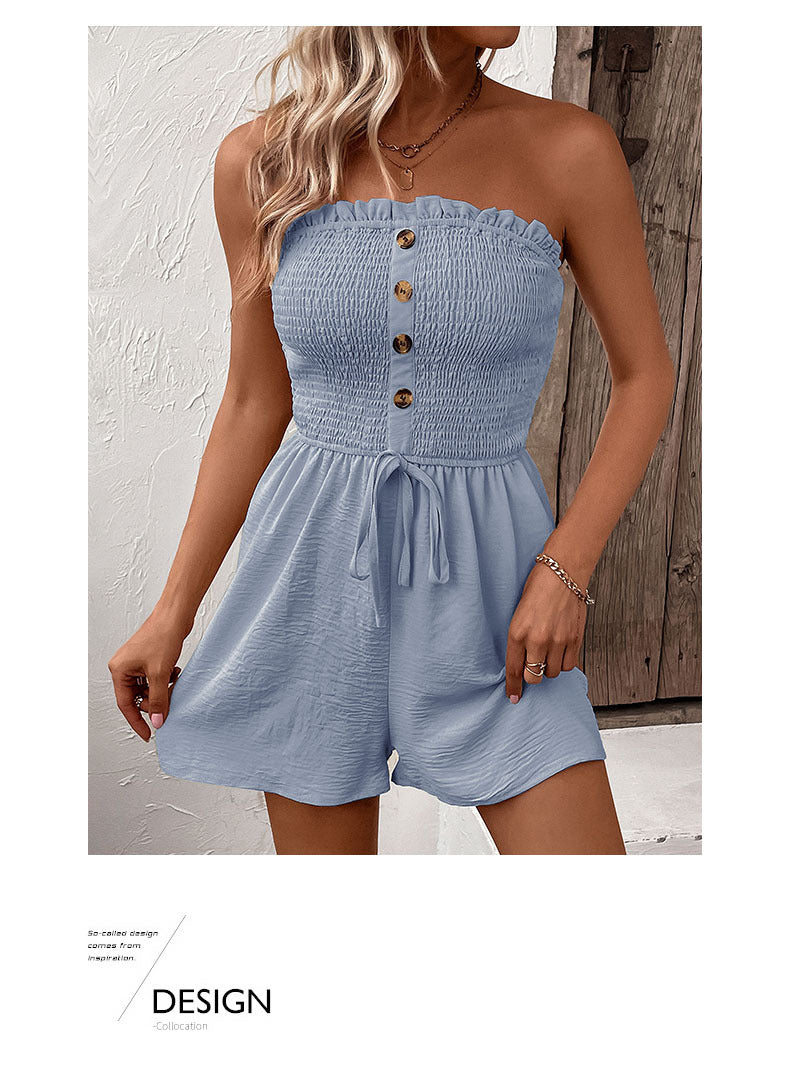 Women's Buttons Frill Trim Wide Leg Tube Romper, Casual Comfort Tie Front Shirred Sleeveless Romper, Rompers for Women, Summer Romper for Lady, Summer Outfits, Going Out Outfits 2024 - Seldom Seen Styles