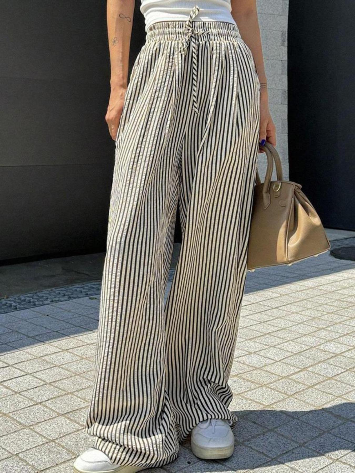 Women Casual Drawstring Elastic Waist Striped Wide Leg Pants with Pockets - Seldom Seen Styles