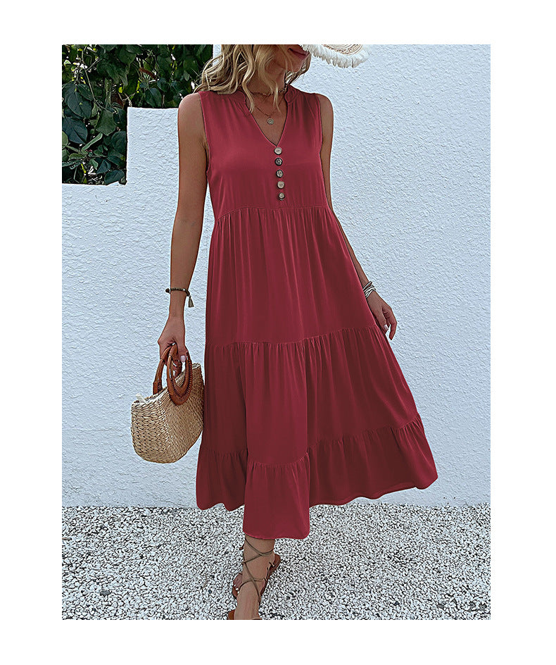 Summer Flowy Maxi Dress with Pockets Sleeveless Loose Casual Sundress V-Neck Tiered Sun Dress for Beach Cruise Vacations