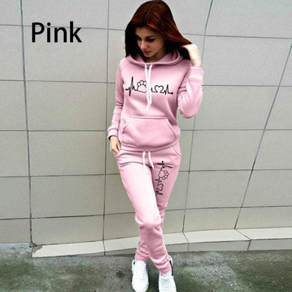 Two-Piece Set Women's Heart Print Raglan Sleeve Hoodie & Drawstring Waist Sweatpants Set, Casual Long Sleeve Hooded Pullover & Pocket Jogger Pants, Women's Fall & Winter Clothes, Holiday Outfits, Soft Clothes - Seldom Seen Styles