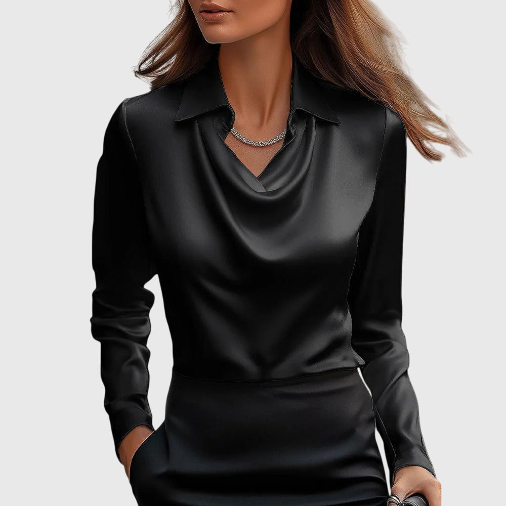 Women's Elegant Solid Satin Cowl Neck Blouse Long Sleeves Casual Business Dressy Shirts Office Work Ladies Top