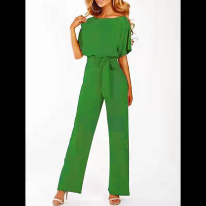 Womens Loose Short Sleeve Belted Wide Leg Pant Romper Jumpsuit Business Casual One Piece Outfits - Seldom Seen Styles