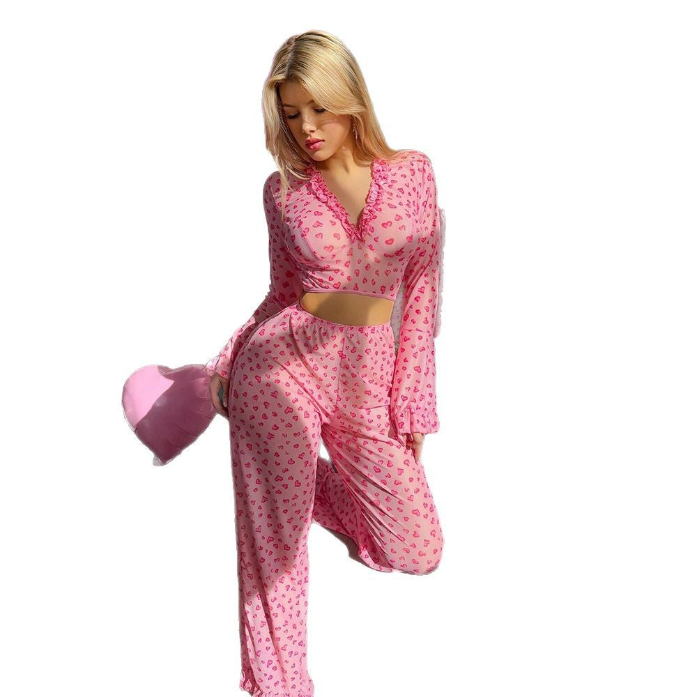 Women's 2 Piece Sheer Mesh Pajama Set Heart Print Deep V Neck Long Sleeve Sleepwear Pants Pjs Sets - Seldom Seen Styles