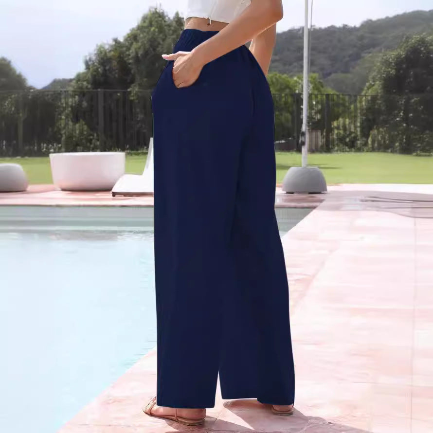 Women's Linen Summer Palazzo Pants Flowy Wide Leg Beach Pants with Pockets - Seldom Seen Styles