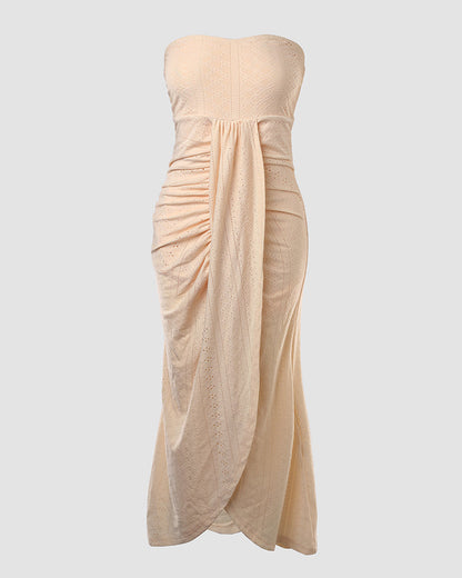 Sleeveless Ruched Cinched Waist Draped Bandeau Dress Eyelet Embroidery Slit Asymmetrical Hem Vacation Dress