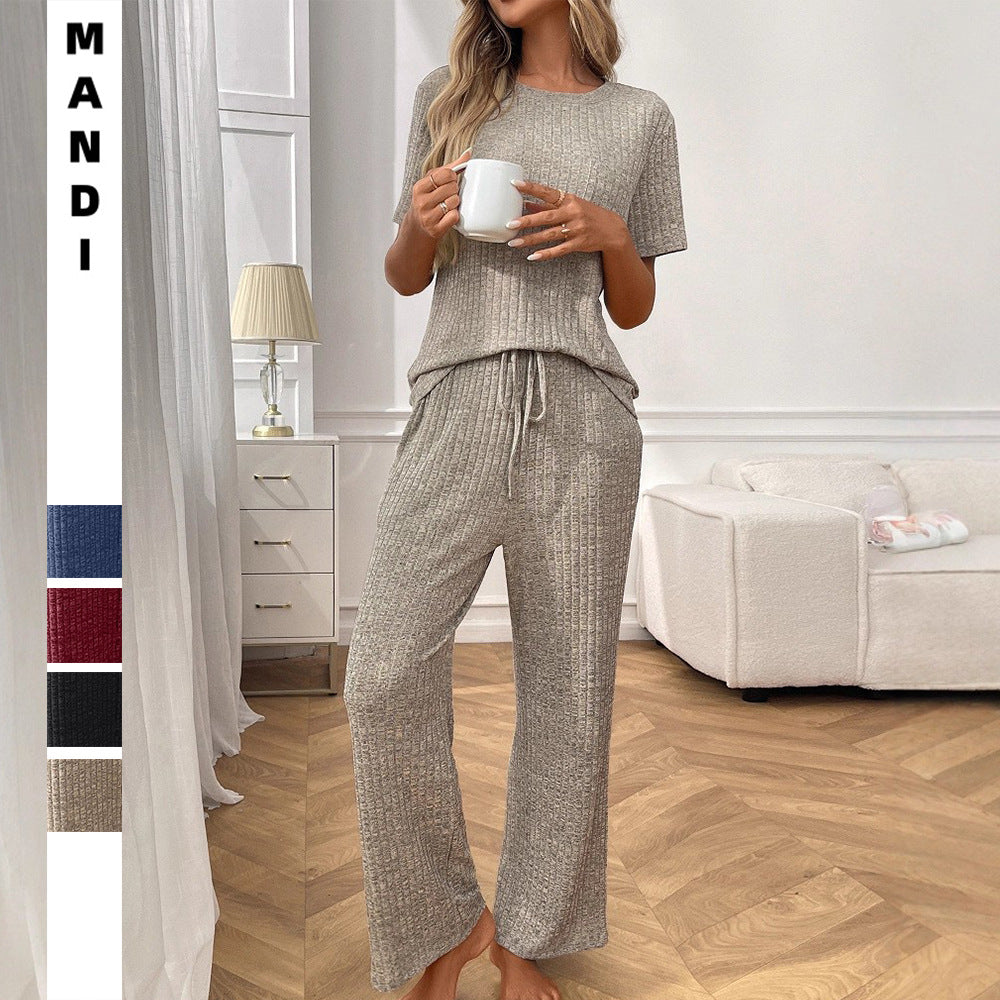 2 Piece Lounge Sets for Women Summer Vacation Outfits Matching Casual Wide Leg Pants Sets Ribbed Knit Pajamas 2025Ribbed Pajamas Round Neck Short Sleeve Long Pants Homewear Set - Seldom Seen Styles