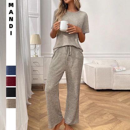 2 Piece Lounge Sets for Women Summer Vacation Outfits Matching Casual Wide Leg Pants Sets Ribbed Knit Pajamas 2025Ribbed Pajamas Round Neck Short Sleeve Long Pants Homewear Set - Seldom Seen Styles