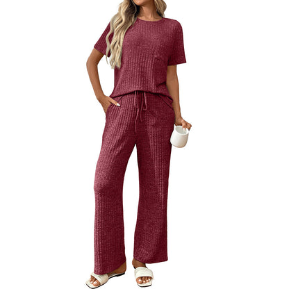 2 Piece Lounge Sets for Women Summer Vacation Outfits Matching Casual Wide Leg Pants Sets Ribbed Knit Pajamas 2025Ribbed Pajamas Round Neck Short Sleeve Long Pants Homewear Set - Seldom Seen Styles