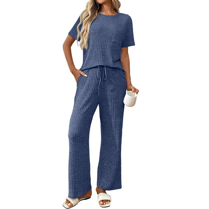 2 Piece Lounge Sets for Women Summer Vacation Outfits Matching Casual Wide Leg Pants Sets Ribbed Knit Pajamas 2025Ribbed Pajamas Round Neck Short Sleeve Long Pants Homewear Set - Seldom Seen Styles
