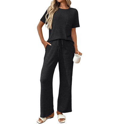 2 Piece Lounge Sets for Women Summer Vacation Outfits Matching Casual Wide Leg Pants Sets Ribbed Knit Pajamas 2025Ribbed Pajamas Round Neck Short Sleeve Long Pants Homewear Set - Seldom Seen Styles