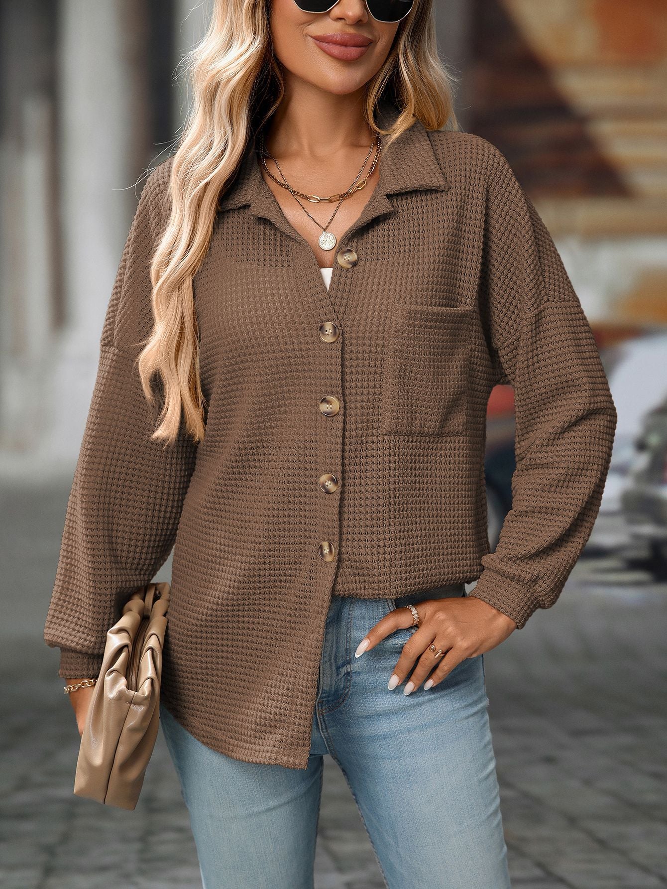 Women's Waffle Knit Button Down Shirts Casual Long Sleeve Shacket Jacket Boyfriend Tops Blouses Loose Fit