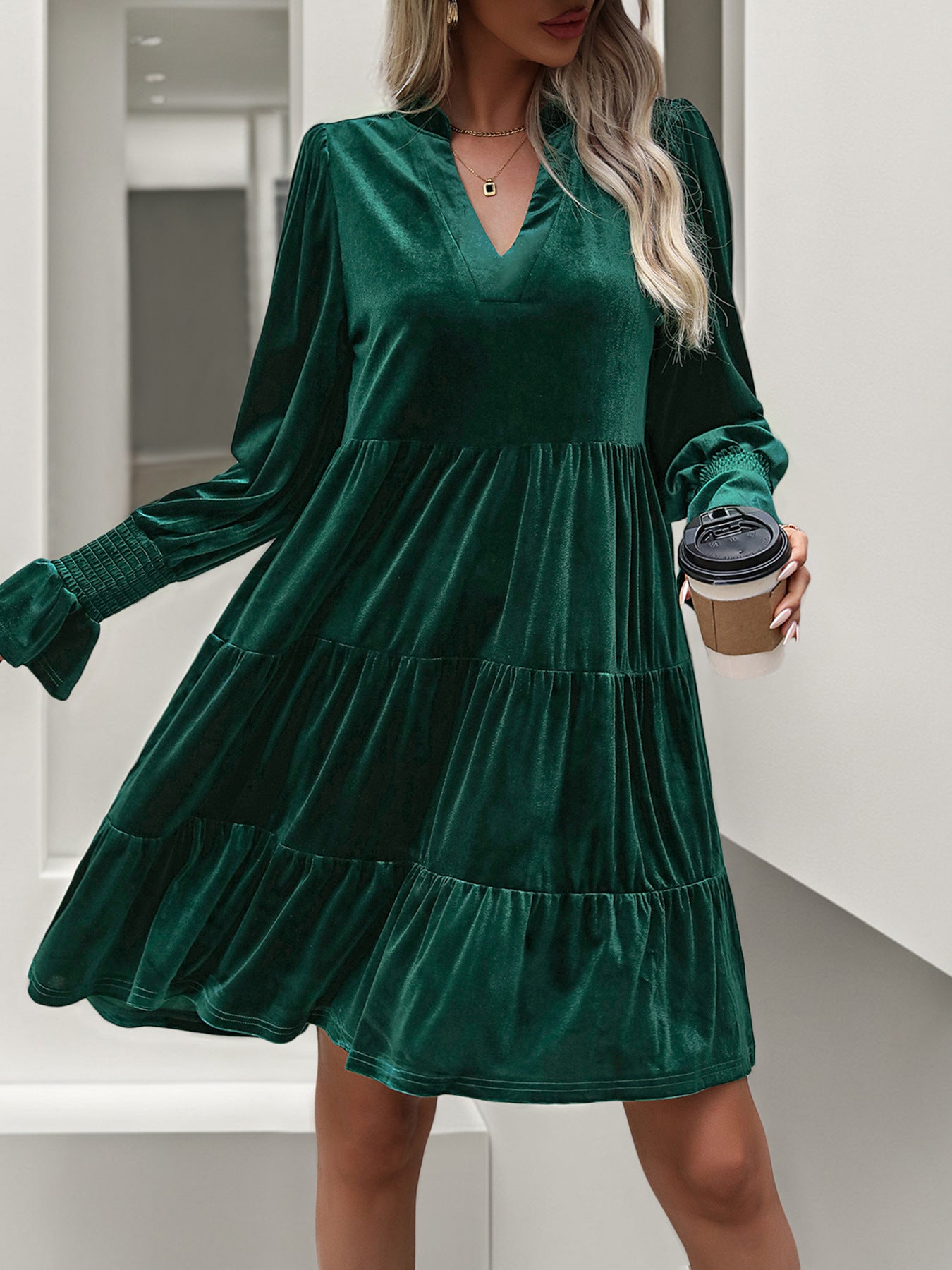 2024 Women’s Elegant Velvet Long Sleeve Dress Casual Fall V Neck A Line Babydoll Flowy Formal Wedding Party Mini Dress - Seldom Seen Styles