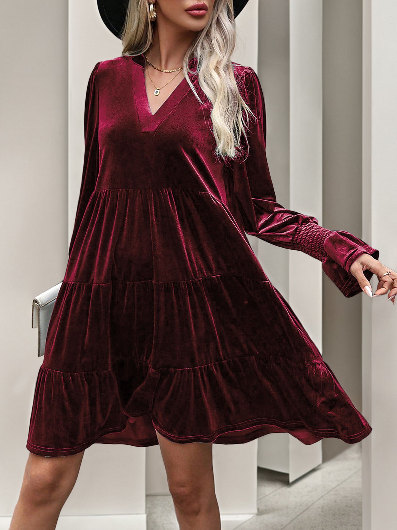 2024 Women’s Elegant Velvet Long Sleeve Dress Casual Fall V Neck A Line Babydoll Flowy Formal Wedding Party Mini Dress - Seldom Seen Styles