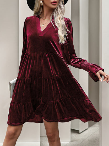 2024 Women’s Elegant Velvet Long Sleeve Dress Casual Fall V Neck A Line Babydoll Flowy Formal Wedding Party Mini Dress - Seldom Seen Styles