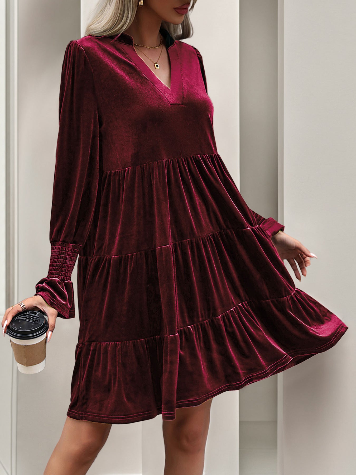2024 Women’s Elegant Velvet Long Sleeve Dress Casual Fall V Neck A Line Babydoll Flowy Formal Wedding Party Mini Dress - Seldom Seen Styles
