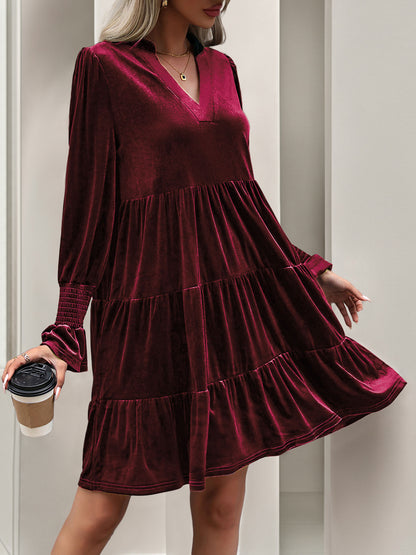 2024 Women’s Elegant Velvet Long Sleeve Dress Casual Fall V Neck A Line Babydoll Flowy Formal Wedding Party Mini Dress - Seldom Seen Styles