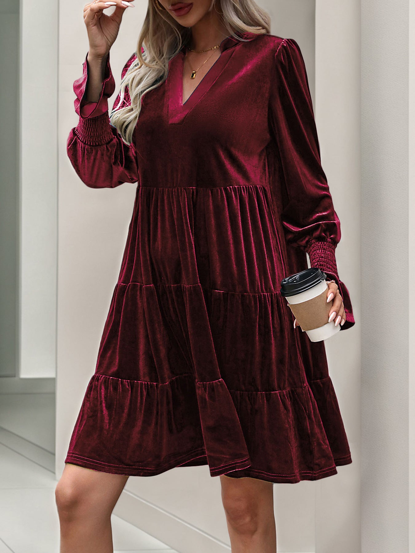 2024 Women’s Elegant Velvet Long Sleeve Dress Casual Fall V Neck A Line Babydoll Flowy Formal Wedding Party Mini Dress - Seldom Seen Styles