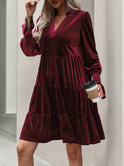 2024 Women’s Elegant Velvet Long Sleeve Dress Casual Fall V Neck A Line Babydoll Flowy Formal Wedding Party Mini Dress - Seldom Seen Styles