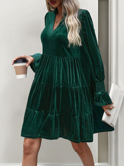 2024 Women’s Elegant Velvet Long Sleeve Dress Casual Fall V Neck A Line Babydoll Flowy Formal Wedding Party Mini Dress - Seldom Seen Styles