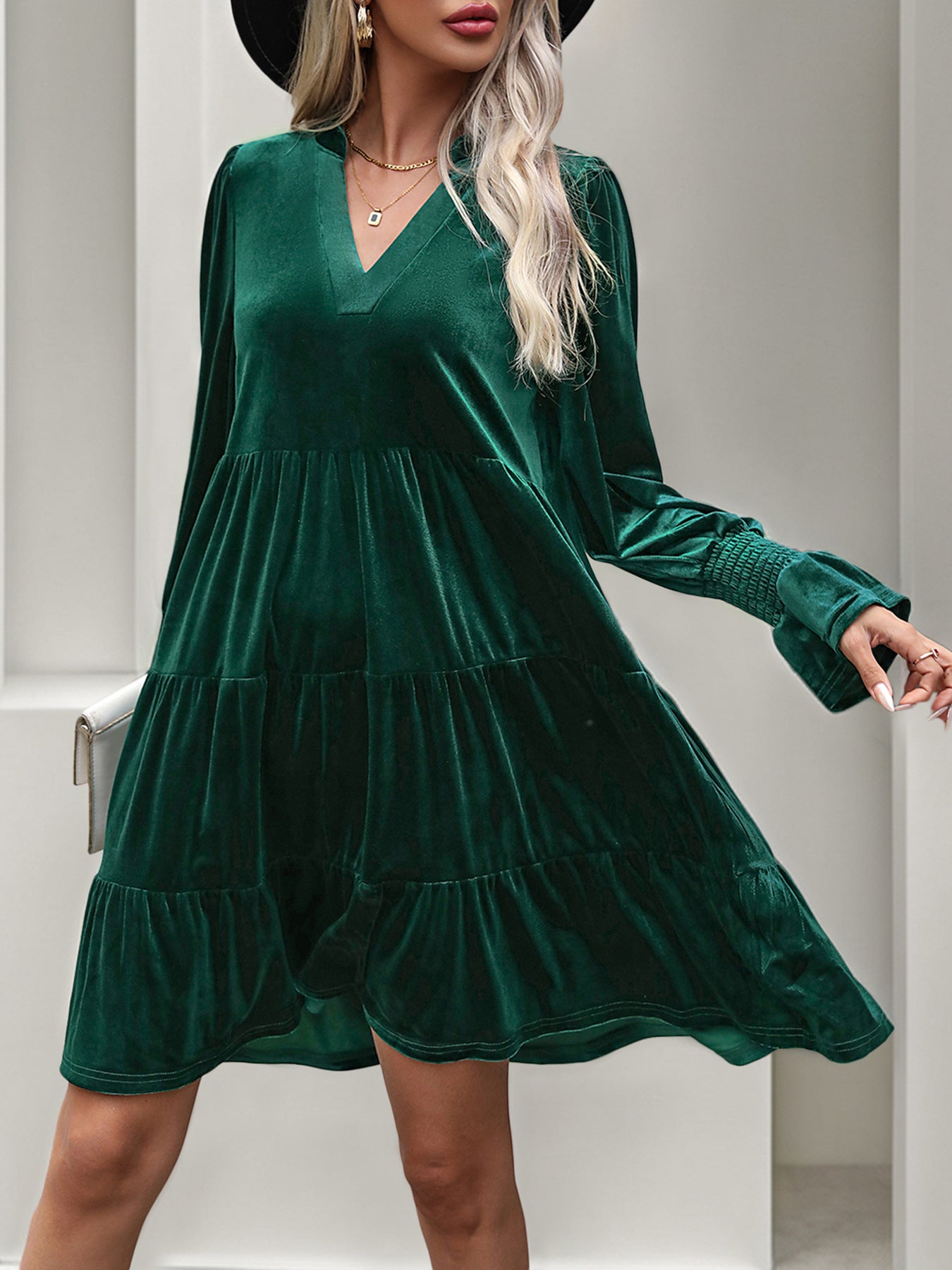 2024 Women’s Elegant Velvet Long Sleeve Dress Casual Fall V Neck A Line Babydoll Flowy Formal Wedding Party Mini Dress - Seldom Seen Styles