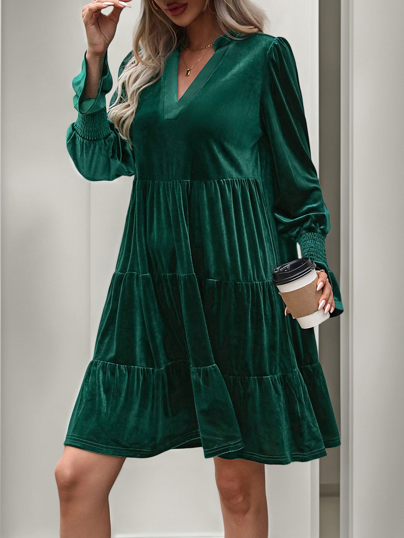 2024 Women’s Elegant Velvet Long Sleeve Dress Casual Fall V Neck A Line Babydoll Flowy Formal Wedding Party Mini Dress - Seldom Seen Styles