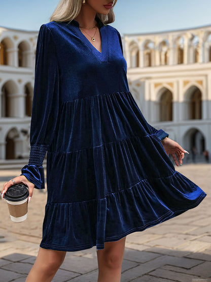 2024 Women’s Elegant Velvet Long Sleeve Dress Casual Fall V Neck A Line Babydoll Flowy Formal Wedding Party Mini Dress - Seldom Seen Styles